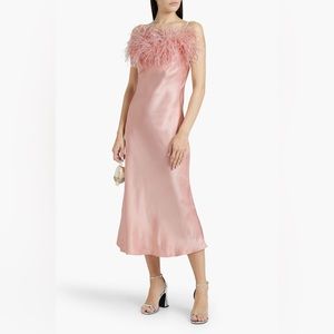 NWT SLEEPER - Boheme feather-trimmed satin midi slip dress